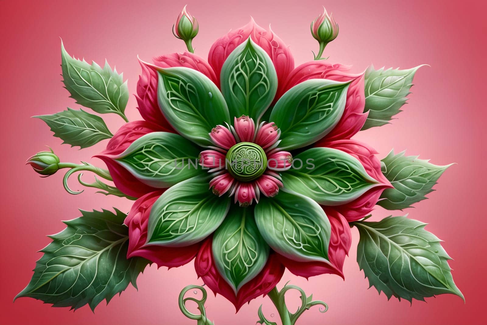 unusual multicolor flower with green foliage, isolated on green background