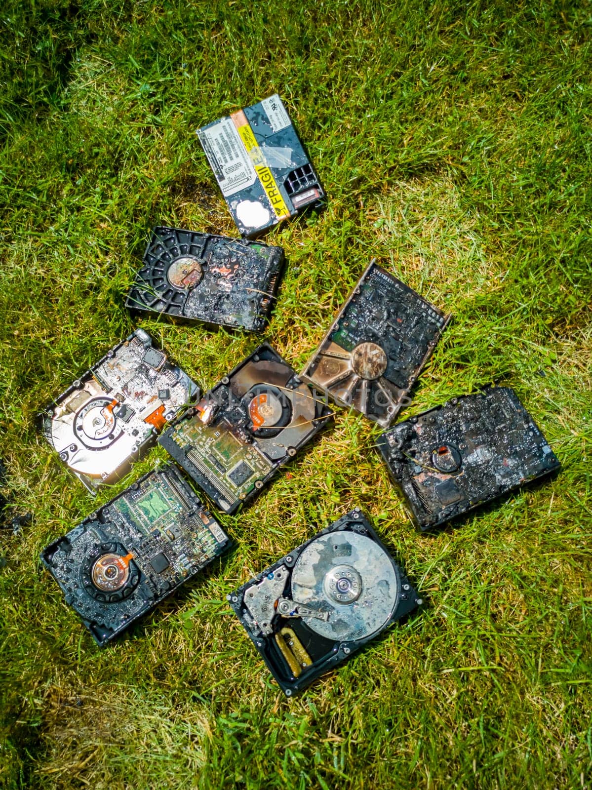 Burned hard drives lying on the green lawn.