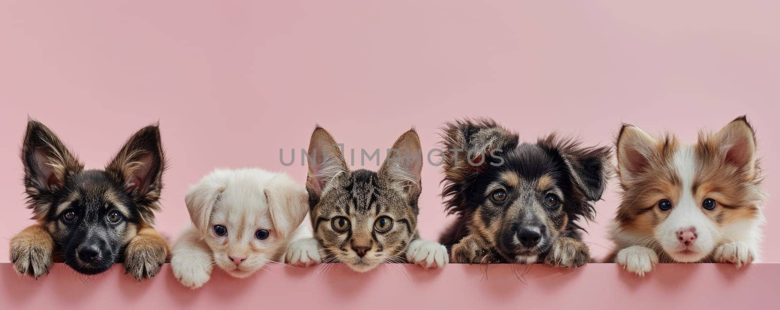 The picture of front view and close up of the multiple group of the various cat and dog in front of the bright pink background that look back to the camera with the curious and interest face. AIGX03.