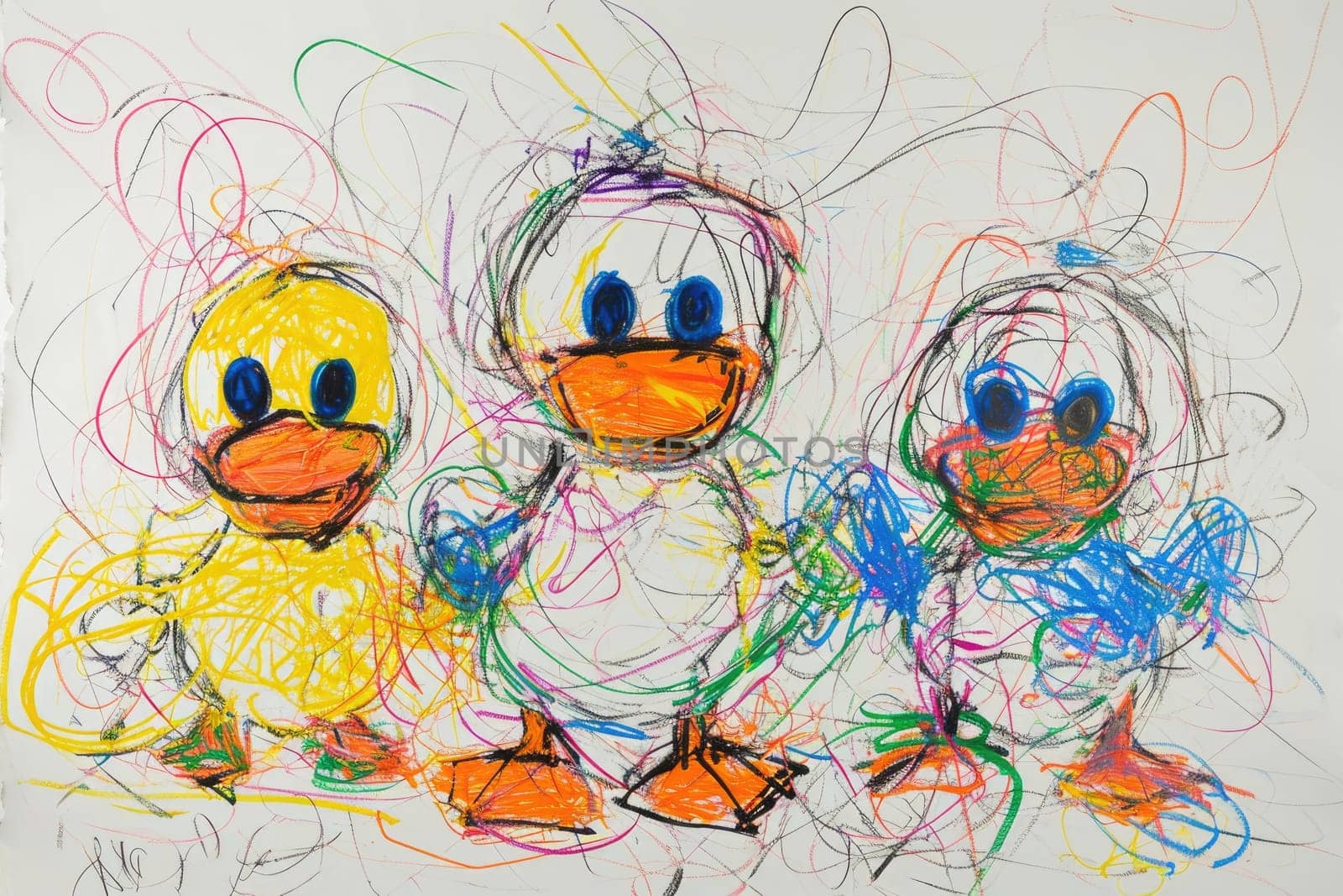 The hand drawing colourful picture of the group of the various type of the duck that has been drawn by the colored pencil or crayon on the white background that seem to be drawn by the child. AIGX01.