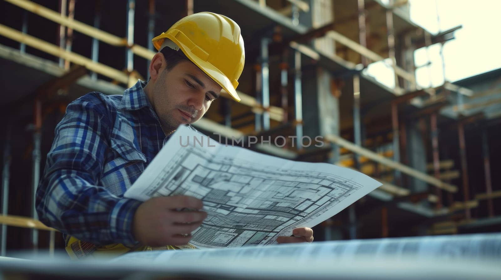 Worker with helmet examines blueprint on construction site AIG41 by biancoblue