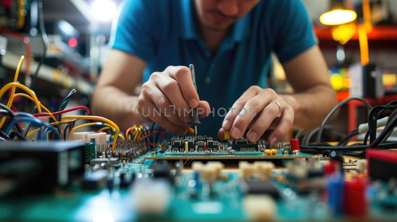 A person is working on a motherboard with a soldering iron AIG41 by biancoblue