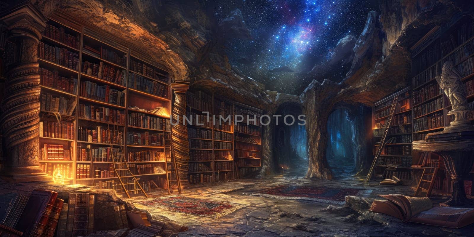 An ancient library filled with magical books, glowing orbs, and mystical artifacts. Shelves reach up to a high, vaulted ceiling, with soft light filtering through stained glass windows. Resplendent.