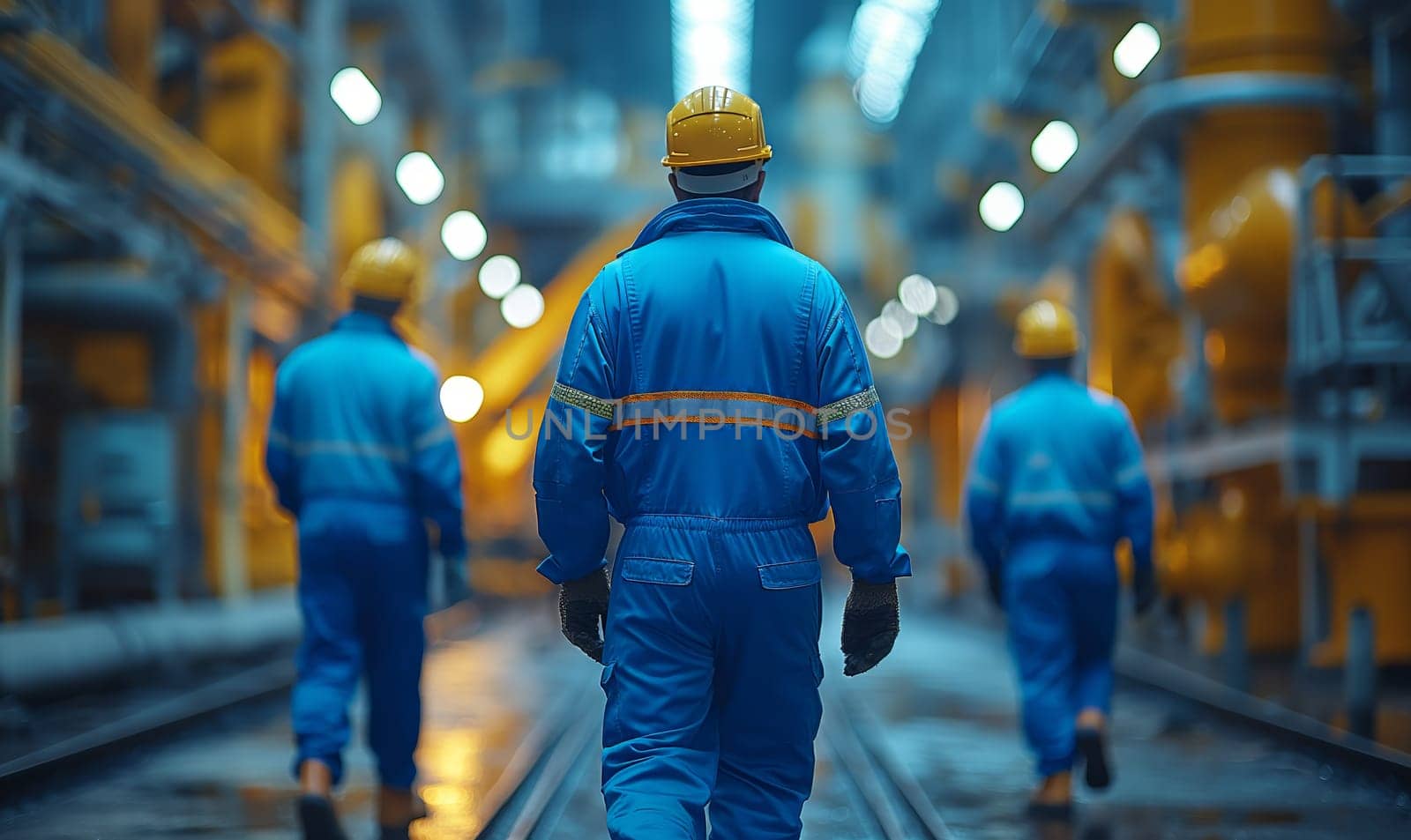 A worker walks along the work area, rear view. Selective soft focus.