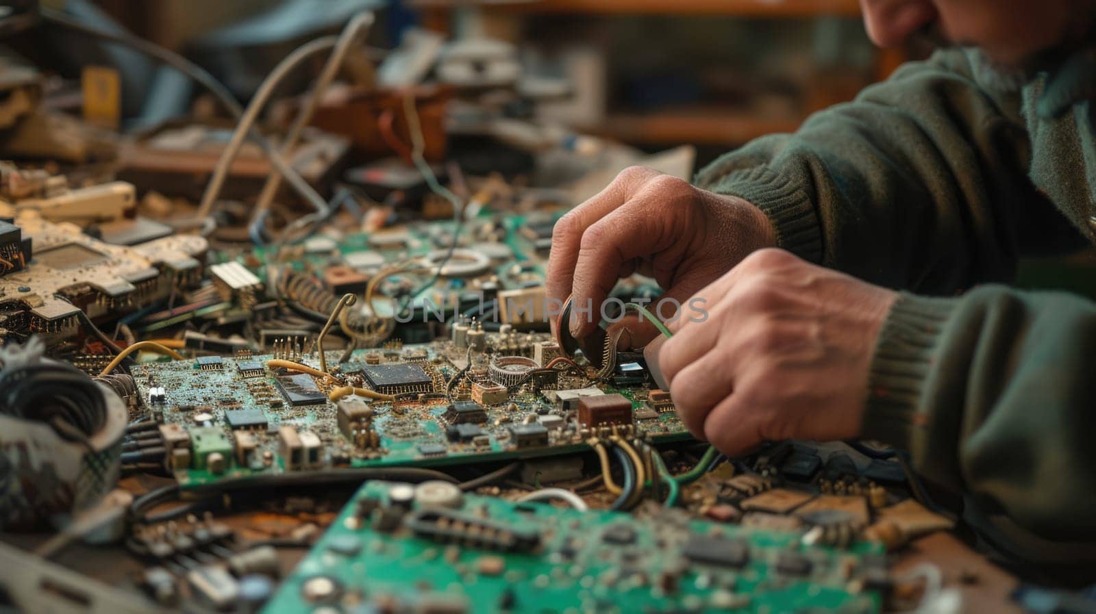 An engineer works on a motherboard in an urban workshop. AIG41 by biancoblue