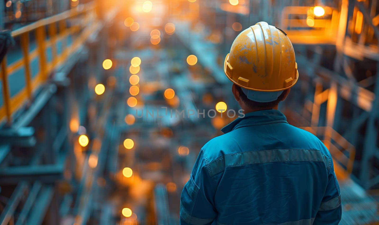 A worker walks along the work area, rear view. Selective soft focus.