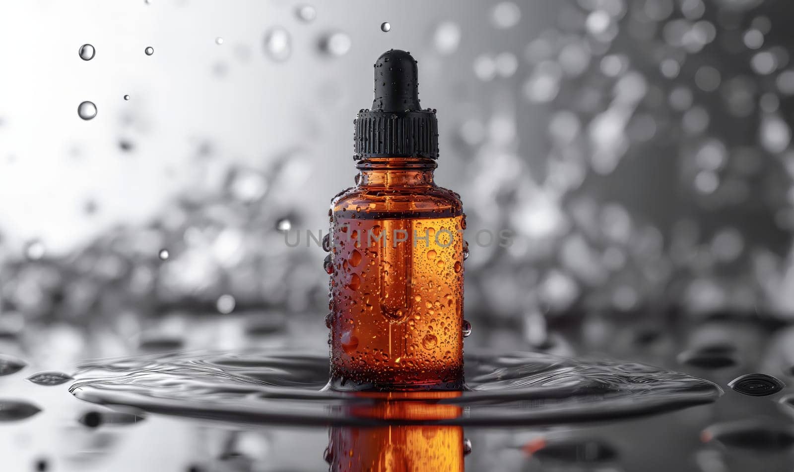 Bottle with liquid on a blurred background. Selective soft focus.