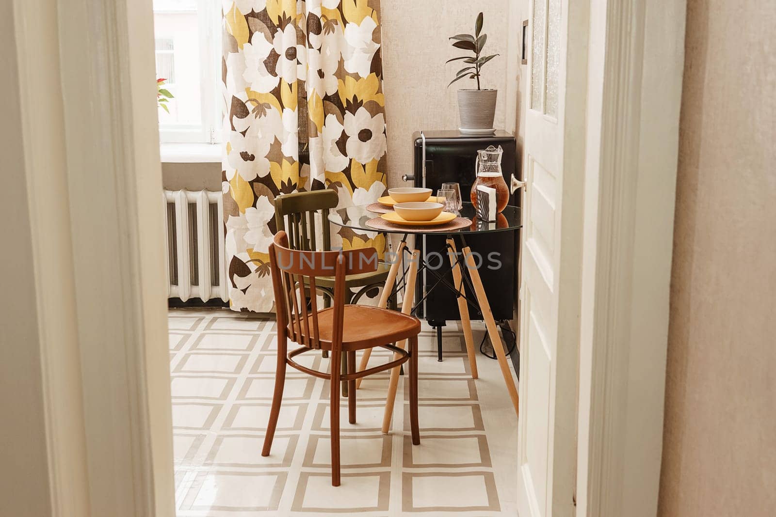 Kitchen table setting, kitchen interior details in natural tones