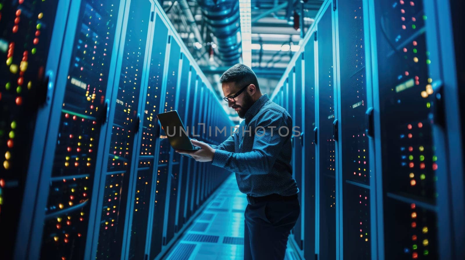 A man stands in a dark server room, gazing at a laptop, surrounded by electric blue technology, glass walls, and metallic machines. AIG41