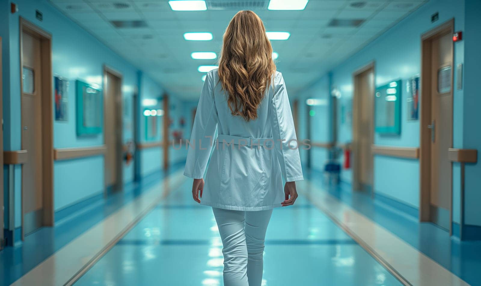 Female medical worker in hospital corridor, rear view. Selective soft focus.