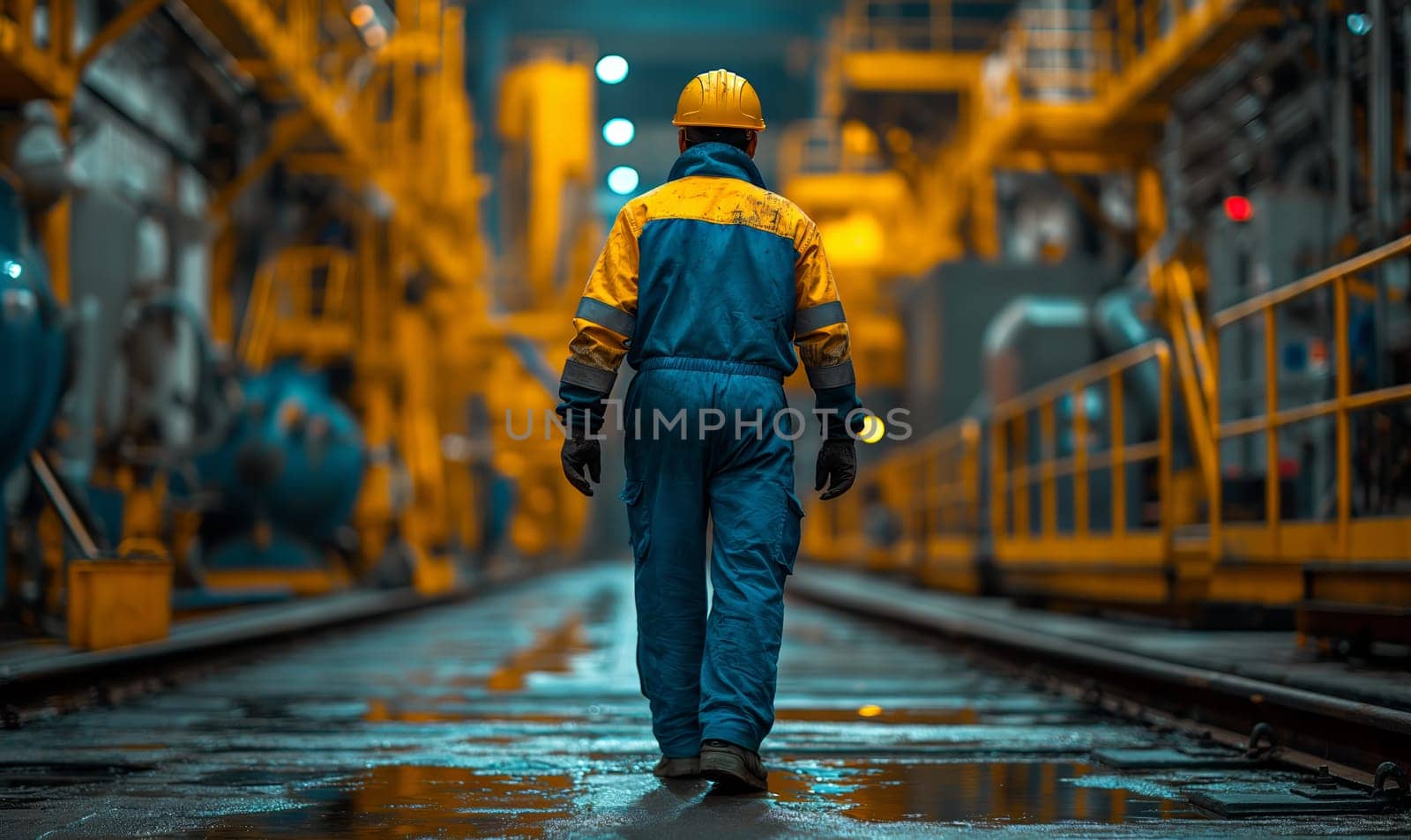 A worker walks along the work area, rear view. Selective soft focus.