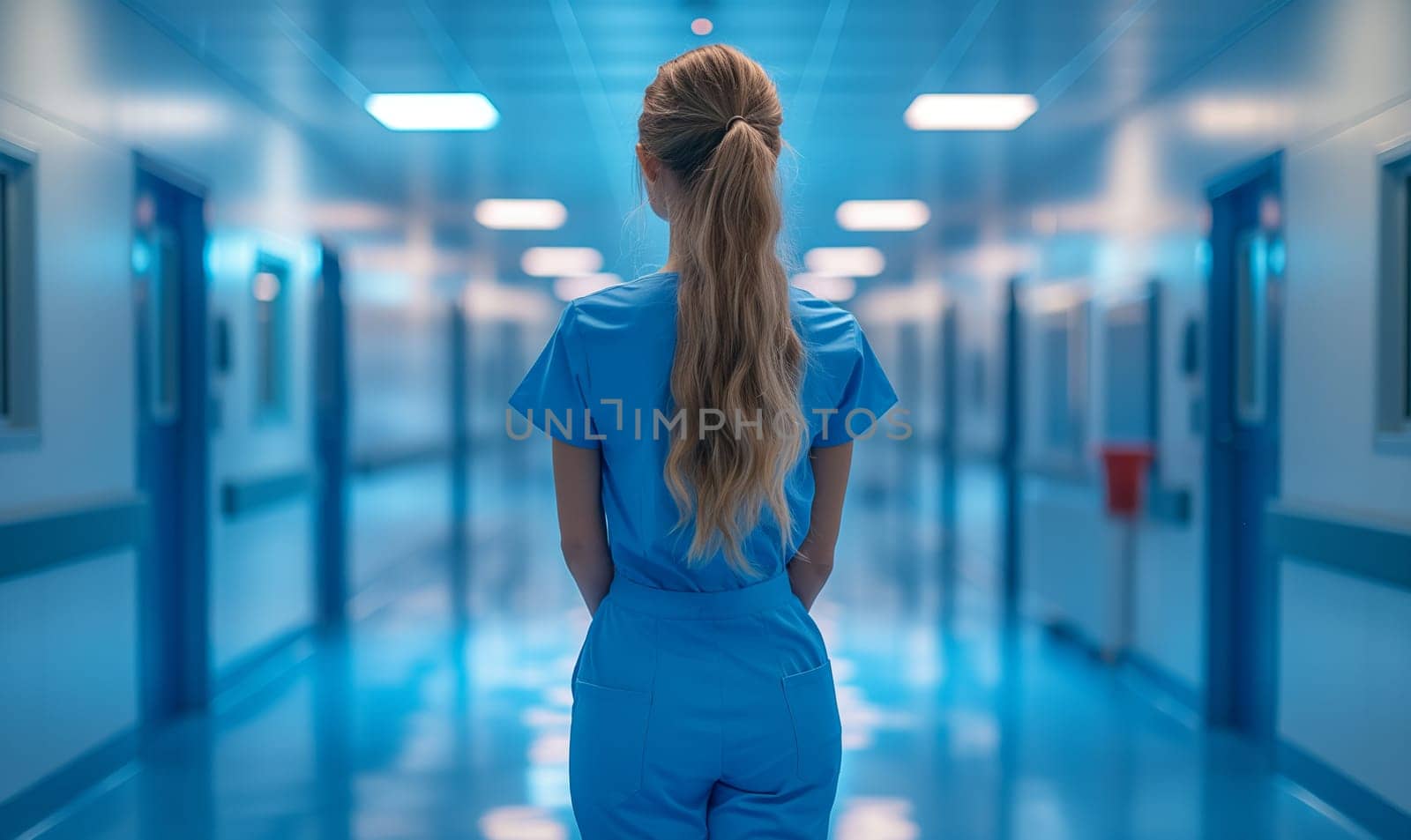 Female medical worker in hospital corridor, rear view. Selective soft focus.