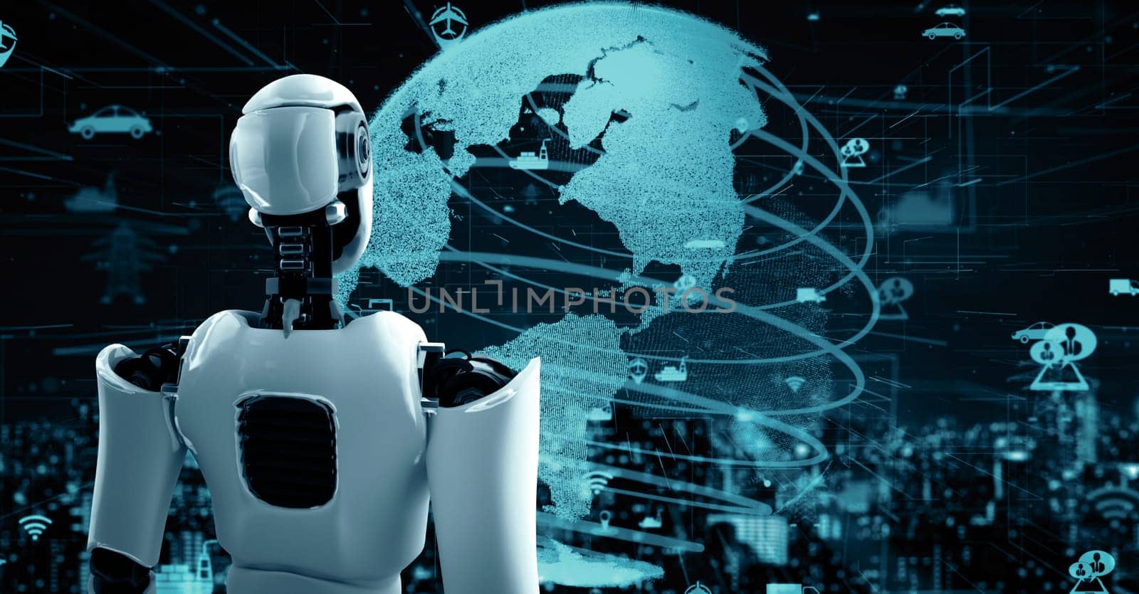 XAI 3d illustration Futuristic robot artificial intelligence huminoid AI transportation analytic technology development and machine learning concept. Global robotic science research for future of human. 3D rendering.