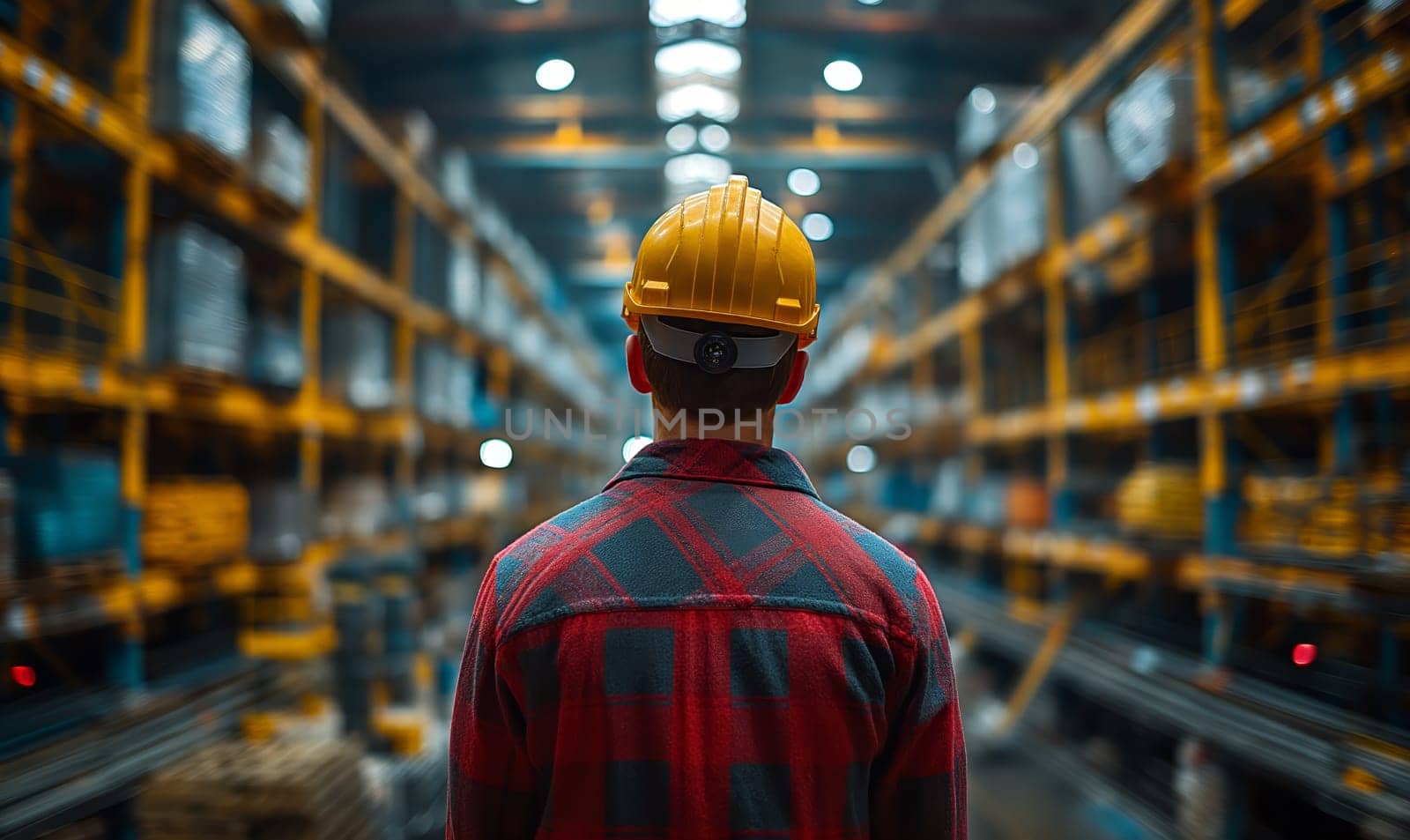 A worker walks along the work area, rear view. Selective soft focus.