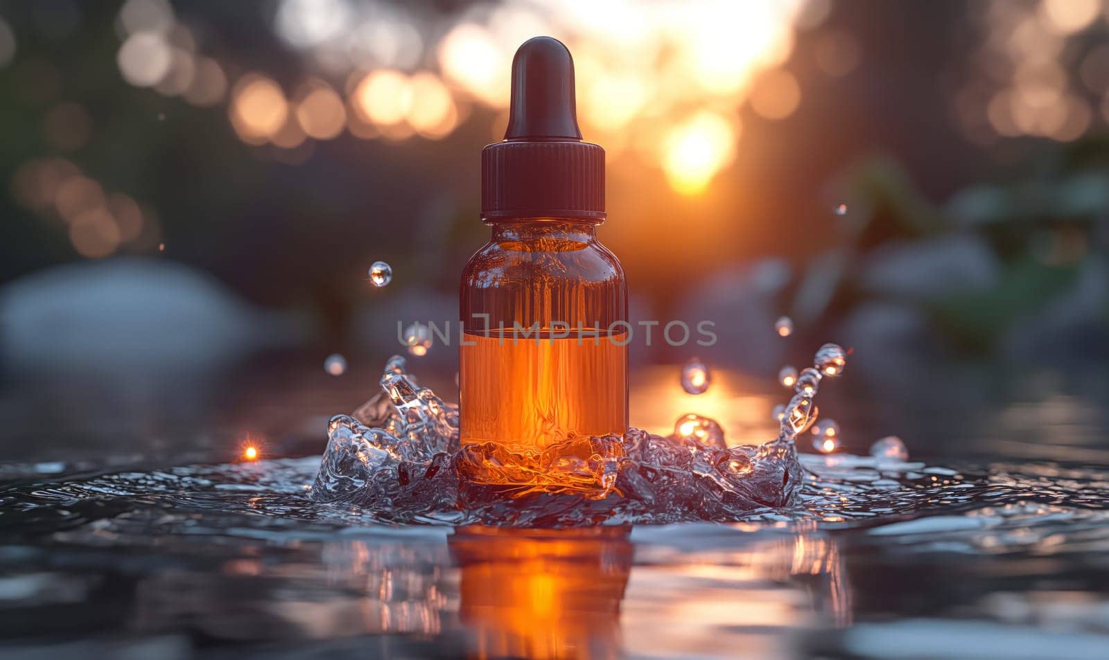Bottle with liquid on a blurred background. Selective soft focus.