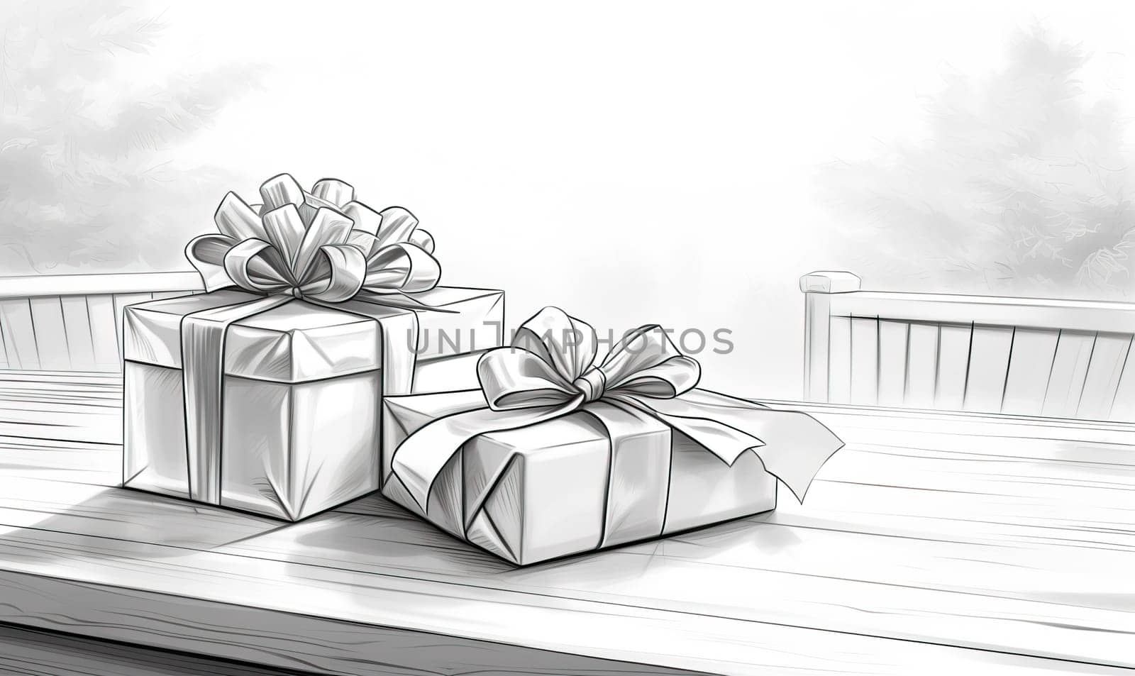 Black and white drawing of a gift box on the table. Selective soft focus.