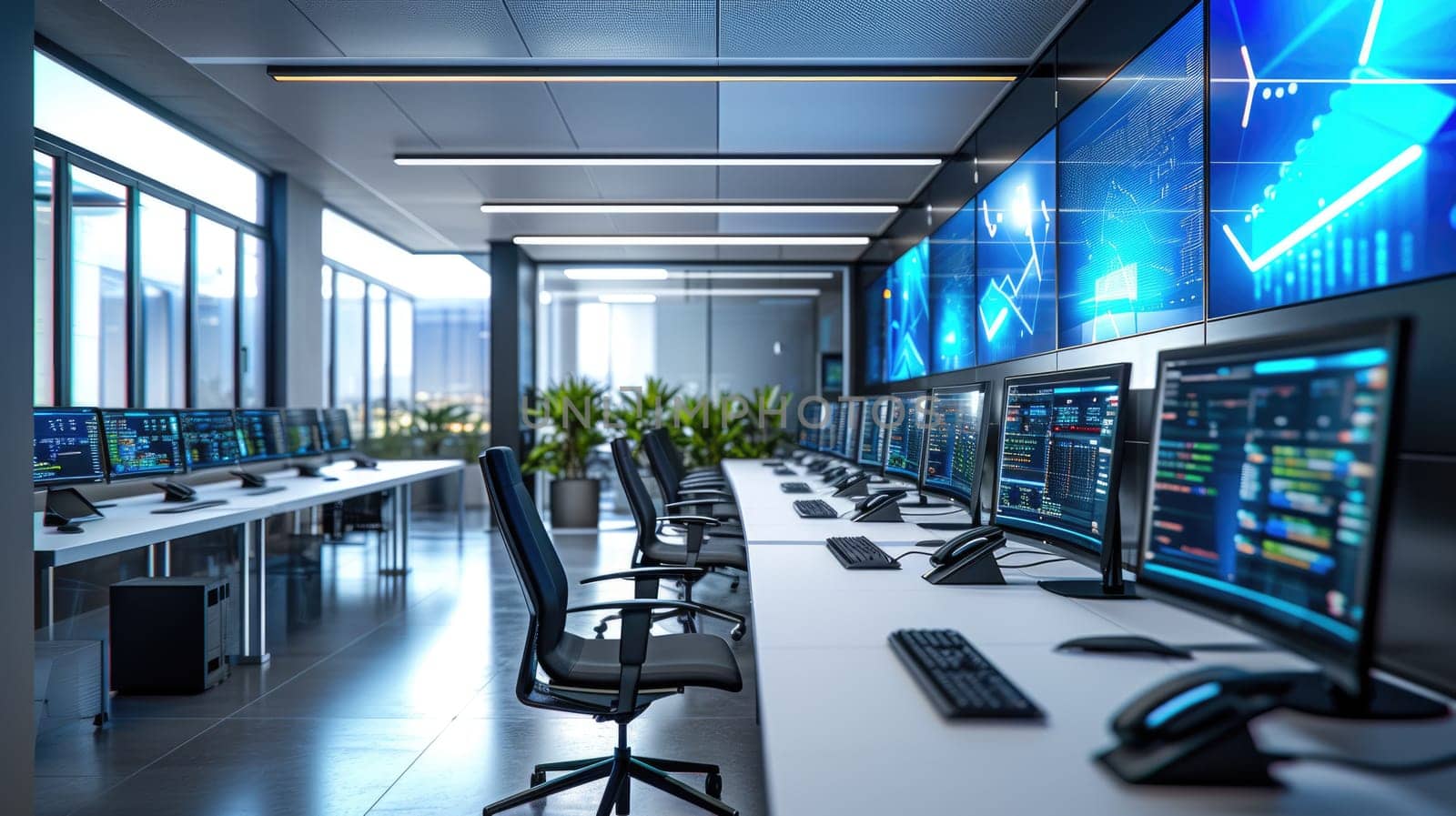 In an office building, a row of computer monitors sits on a desk, creating a symmetrical display. The electric blue glow reflects on the glass surfaces. AIG41