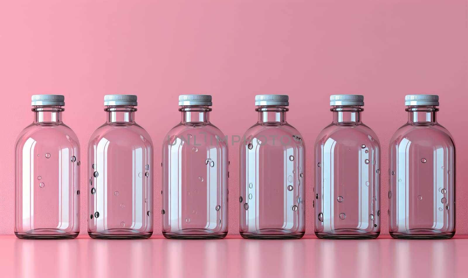 Empty transparent bottles with caps on a pink background. Selective soft focus.