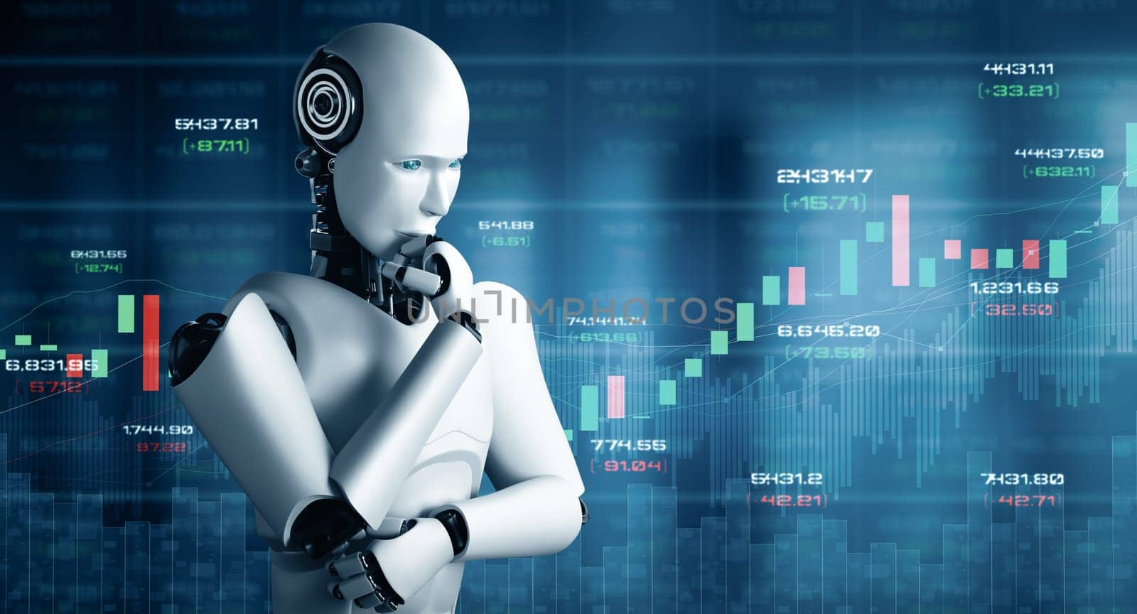 XAI 3d illustration Future financial technology controlled by AI robot using machine learning and artificial intelligence to analyze business data and give advice on investment and trading decision. 3D illustration.