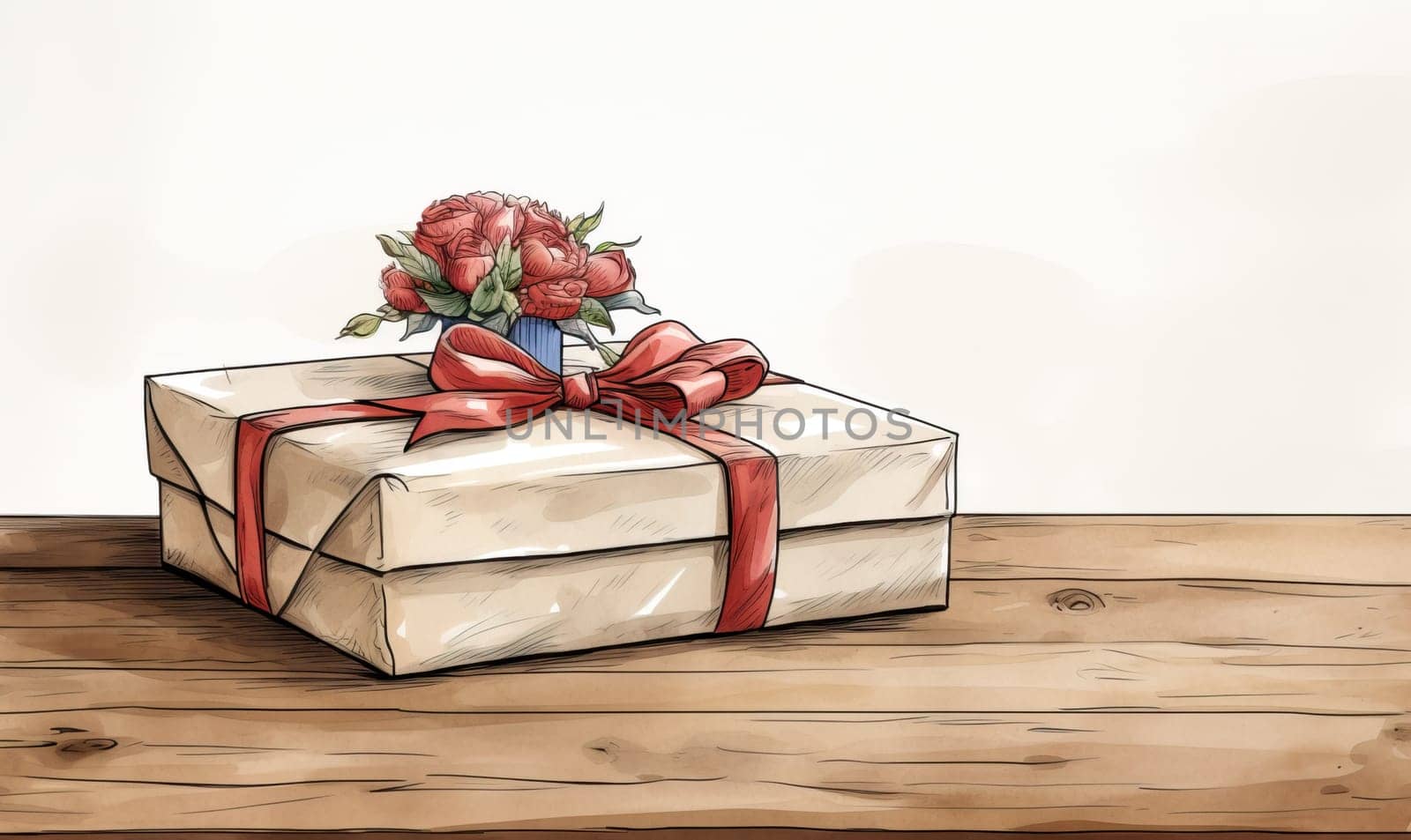 Drawn gift box with flowers on the table. Selective soft focus.