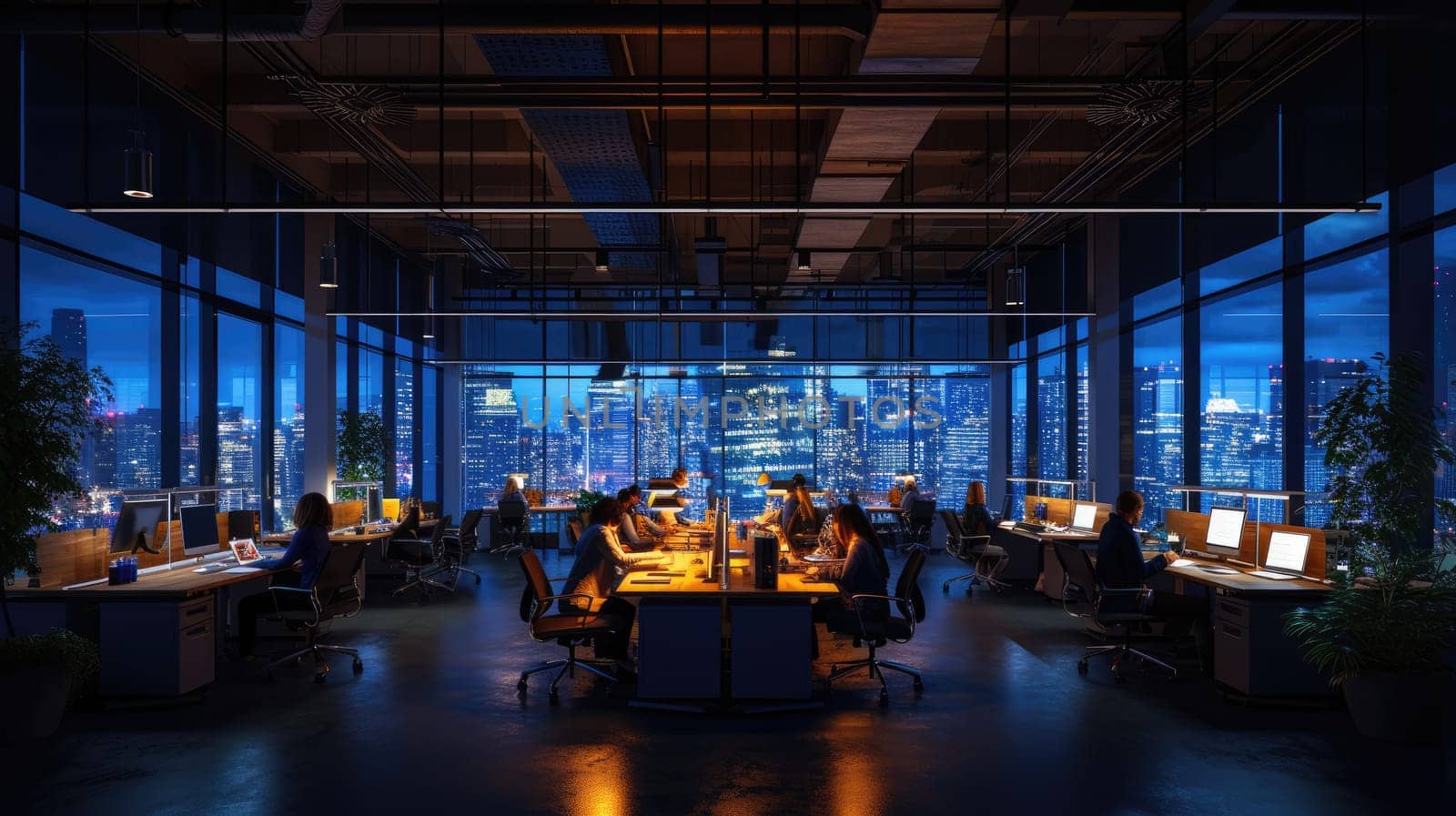 A gathering of individuals occupies office desks in a building during nighttime. The room features water fixtures, tables, and glass elements. AIG41