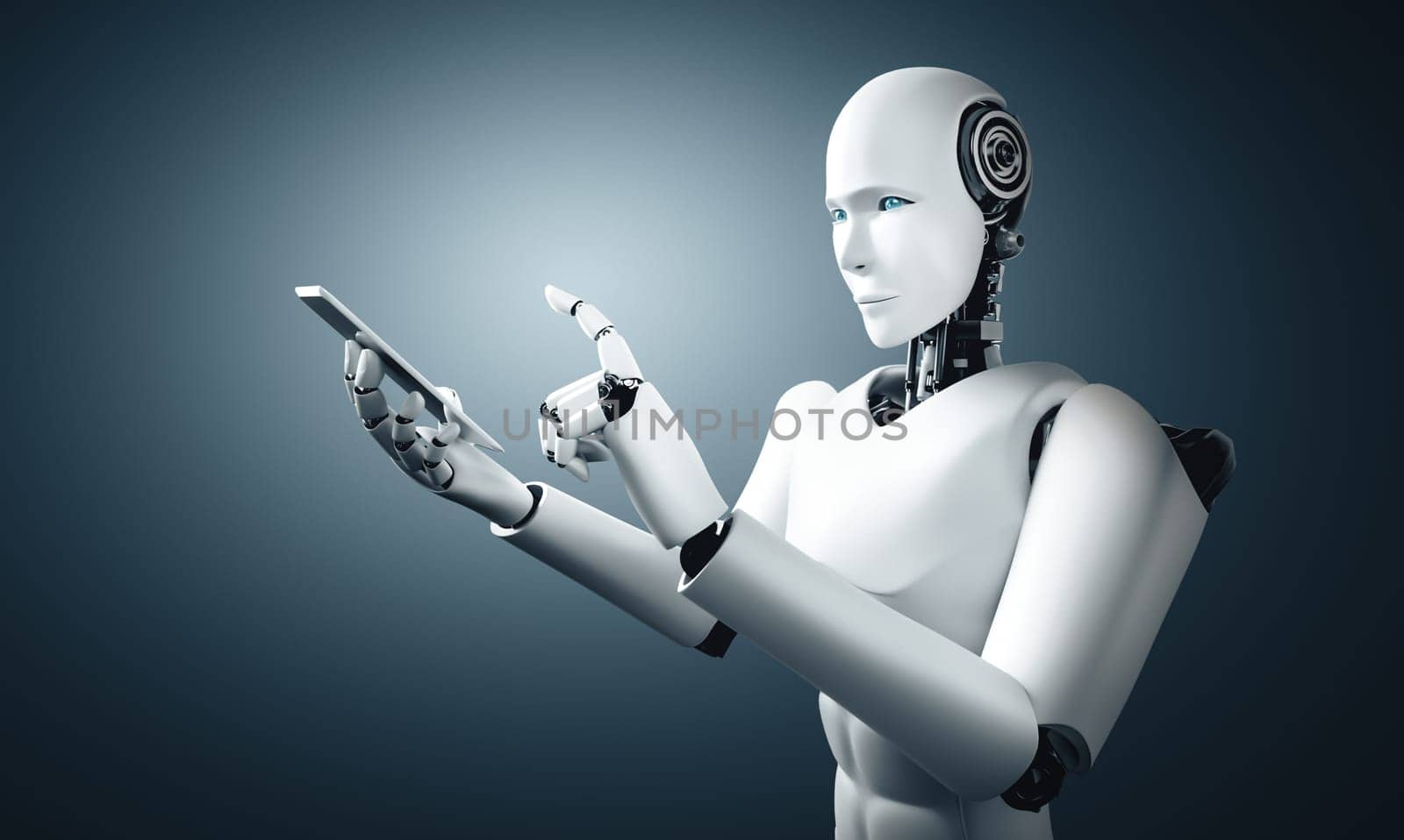 XAI 3d illustration Robot humanoid use mobile phone or tablet in future office while using AI thinking brain , artificial intelligence and machine learning process. 4th fourth industrial revolution 3D illustration.