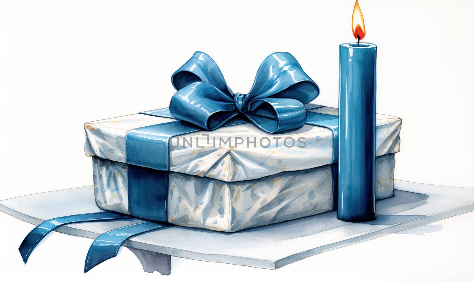 Drawn gift box with candles on the table. Selective soft focus.