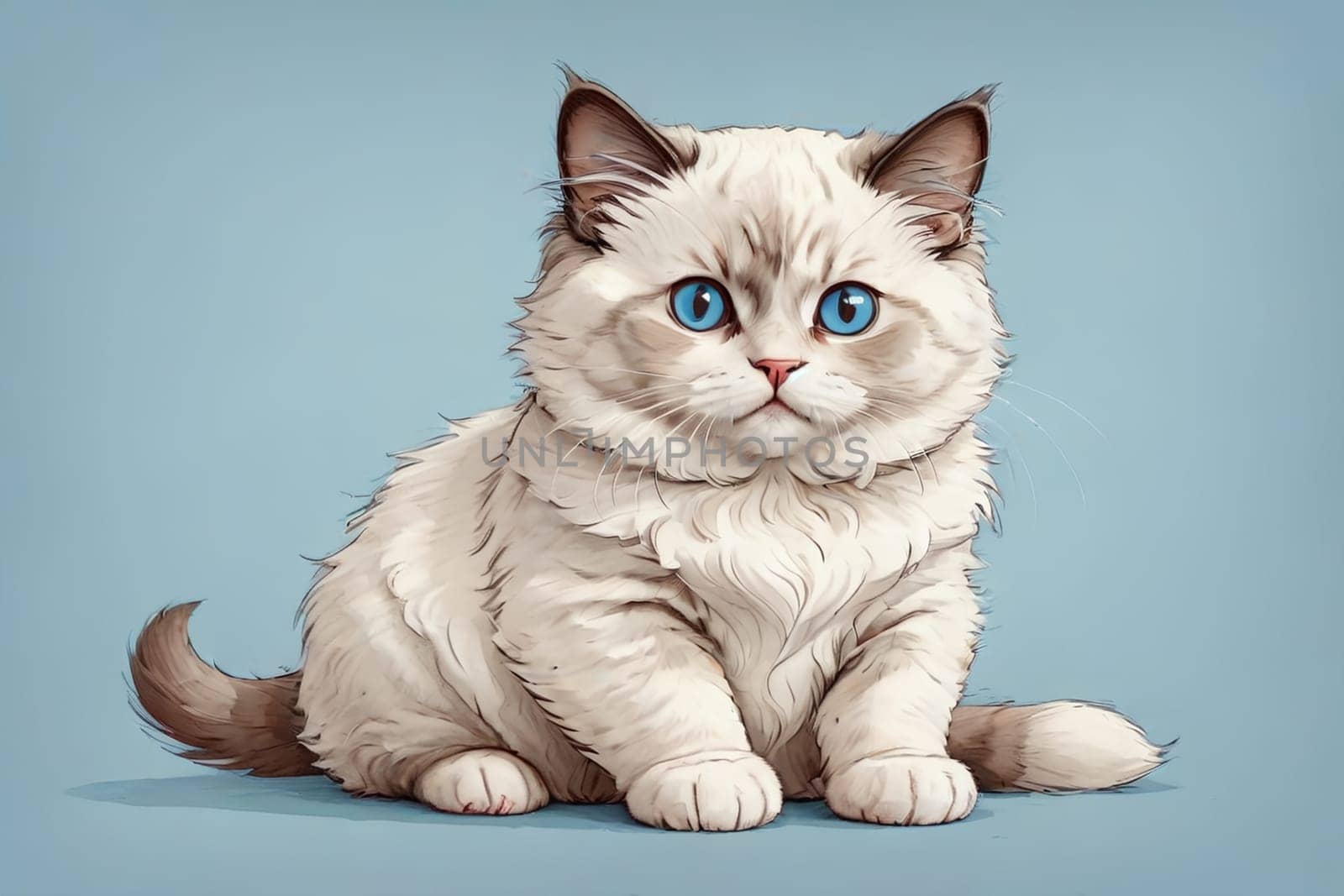 contour drawing small fat cartoon Ragdoll kitten isolated on an light blue background.AI generated image.