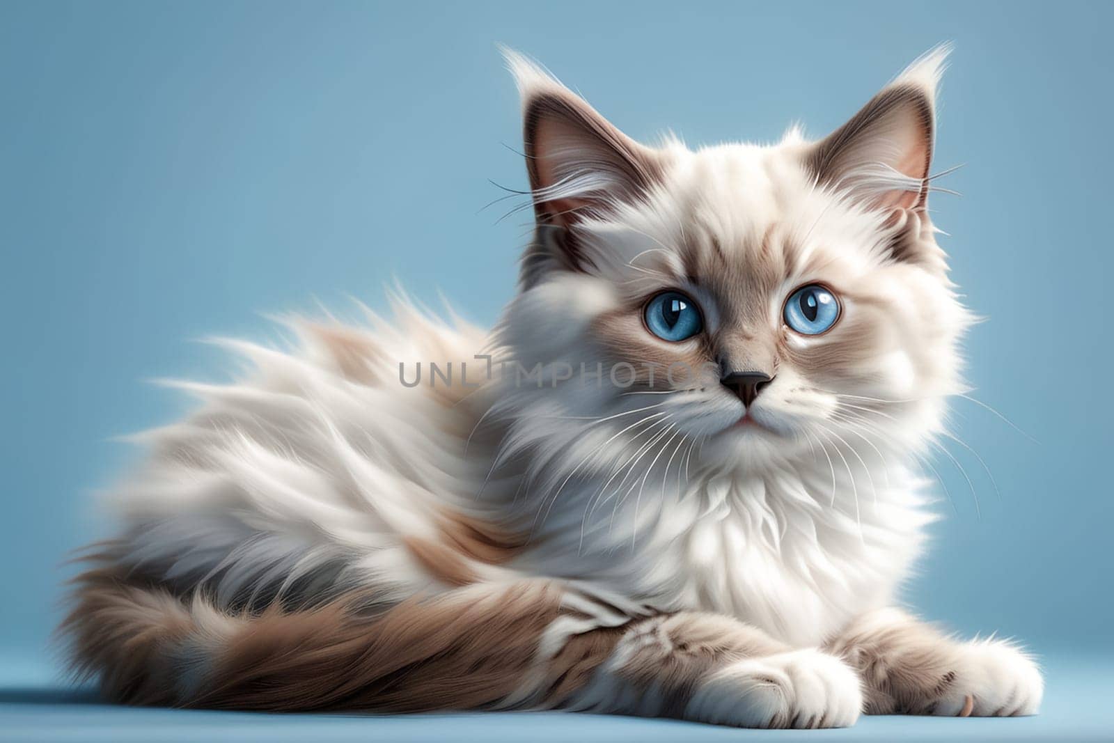 A beautiful young purebred Ragdoll kitten sits on an blue background.. AI generated image.