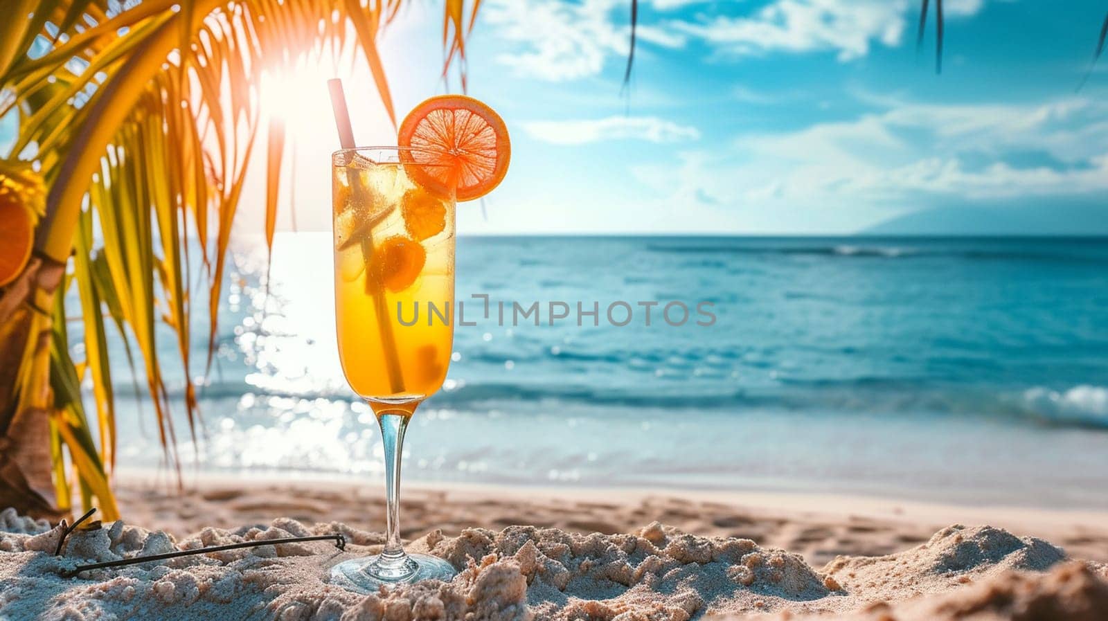 fresh juicy orange juice on the seashore, drink , selective focus