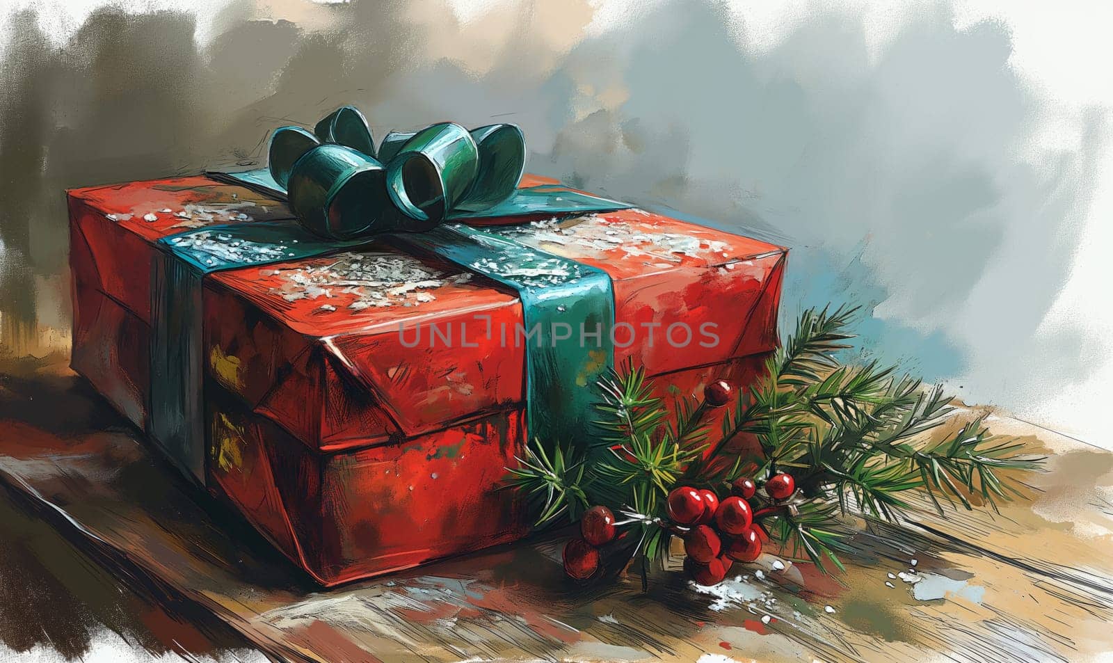 Drawn gift box with flowers on the table. Selective soft focus.