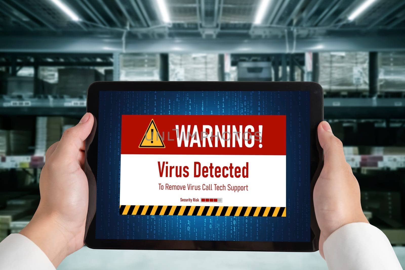 Virus warning alert on computer screen detected modish cyber threat by biancoblue