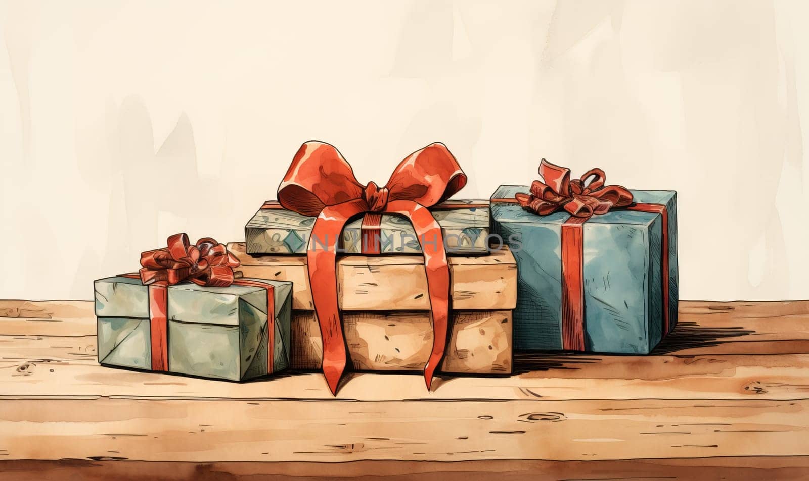 Drawn gift box on the table. Selective soft focus.