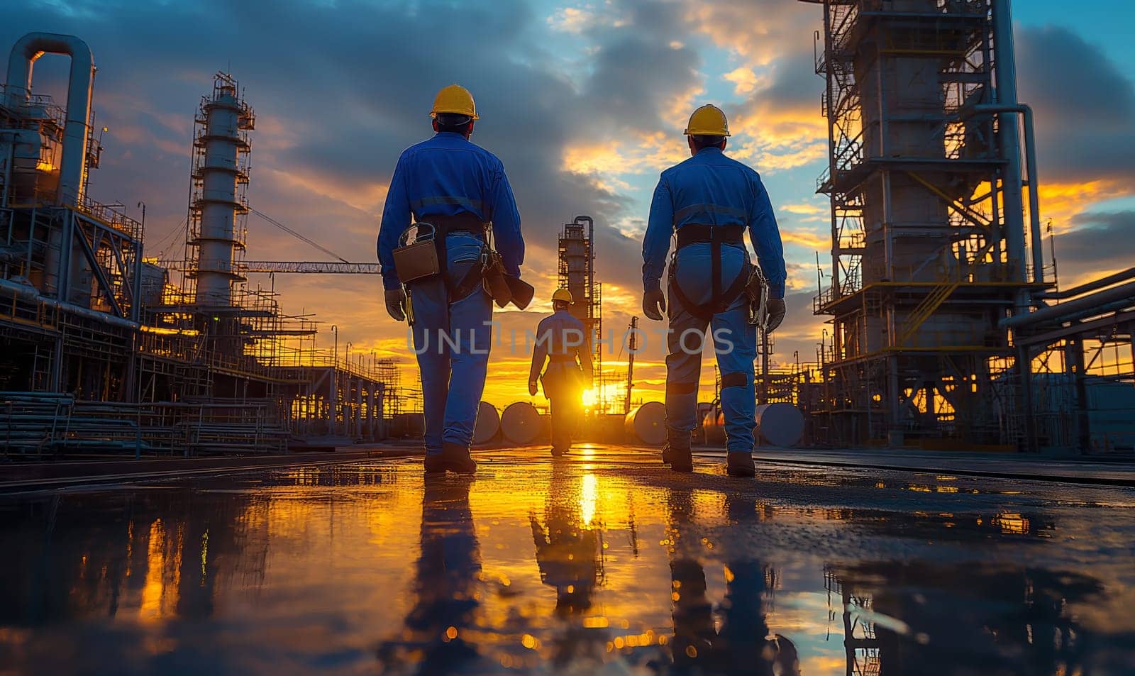 Workers walk through the factory, rear view. Selective soft focus.