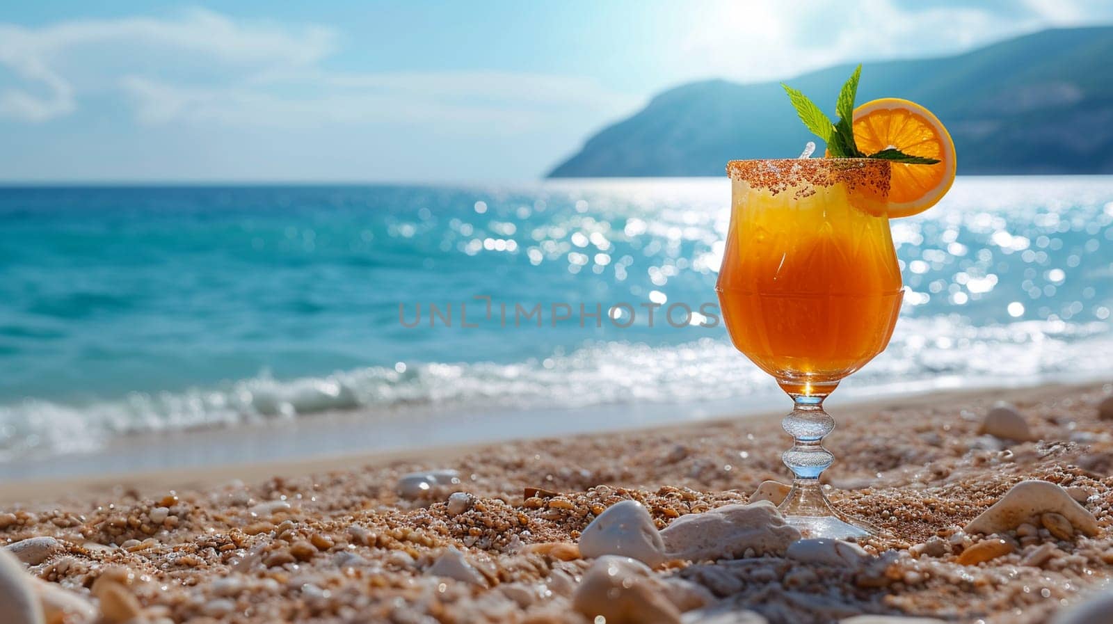 fresh juicy orange juice on the seashore, drink , selective focus