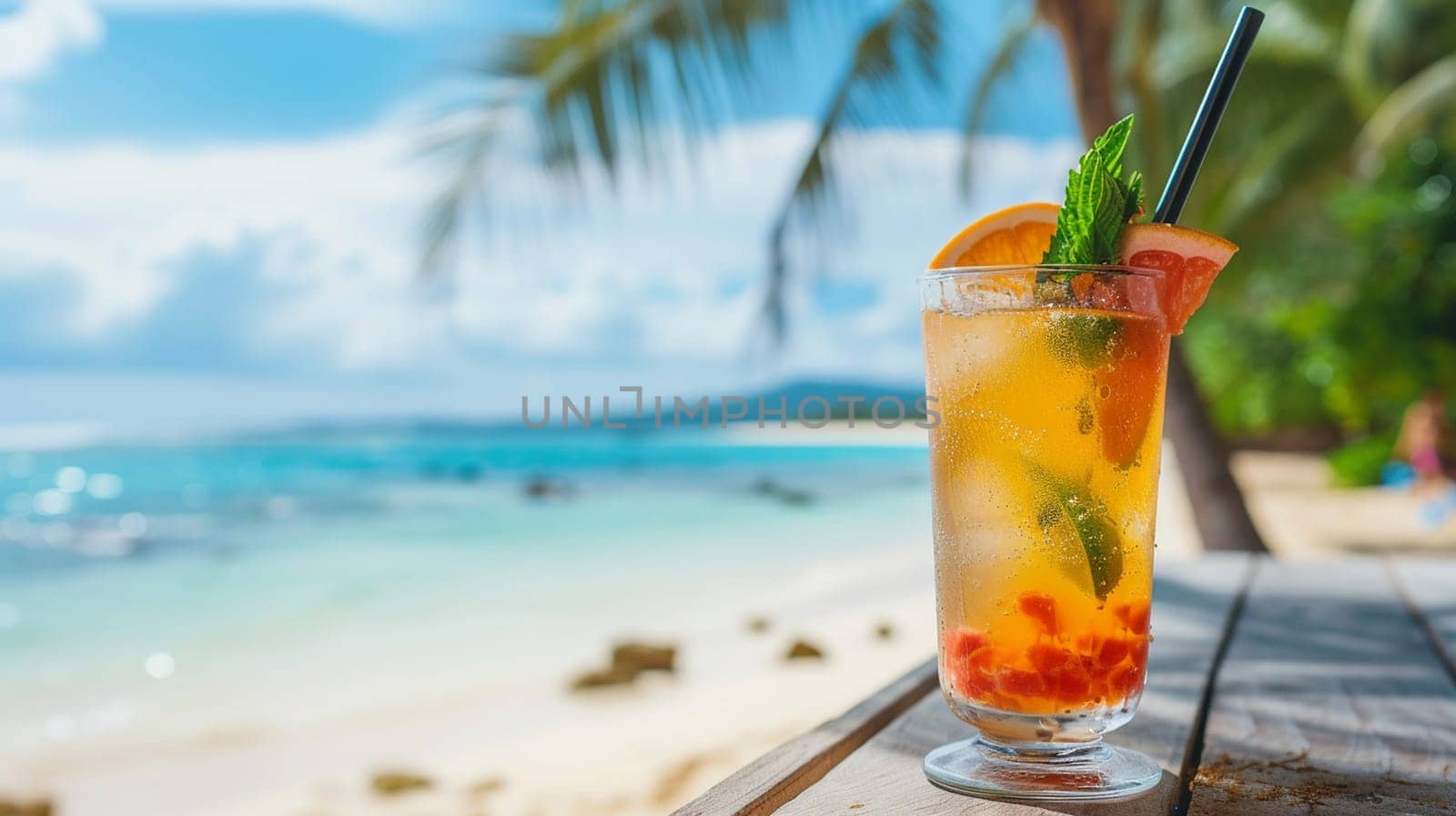 fresh juicy orange juice on the seashore, drink , selective focus
