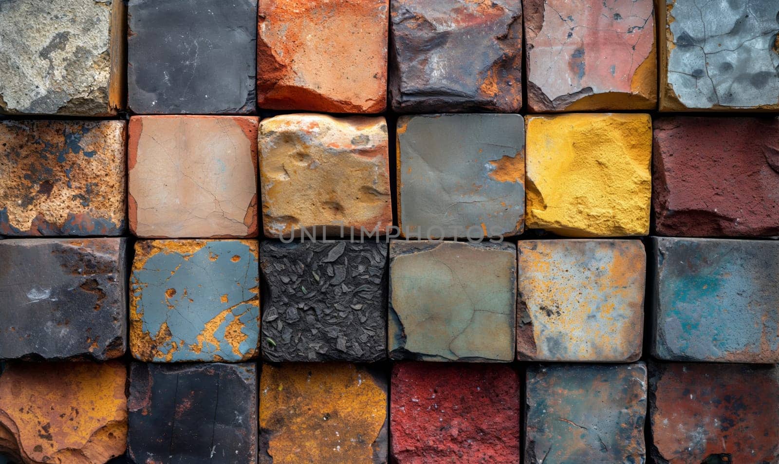 Abstract background texture made of colored stone tiles. Selective soft focus.