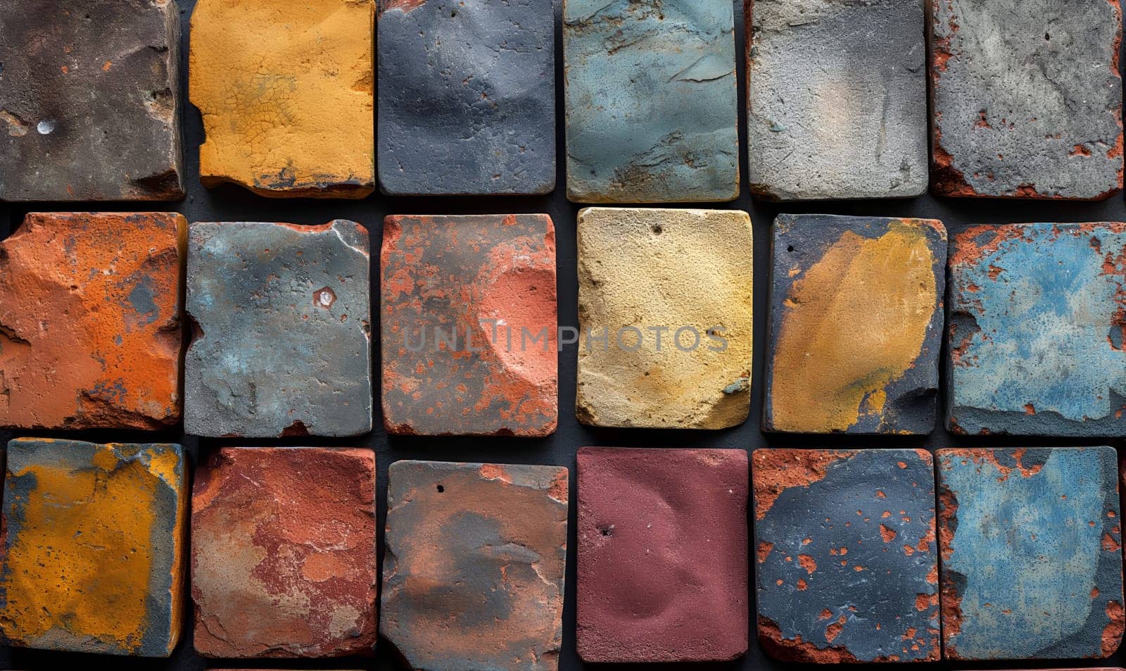 Abstract background texture made of colored stone tiles. Selective soft focus.