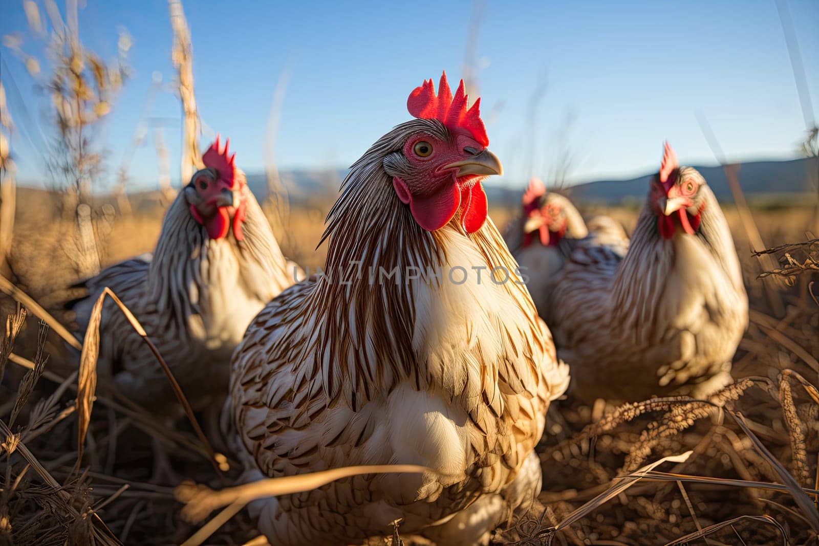 group of chickens in close-up on a walk, Generative AI