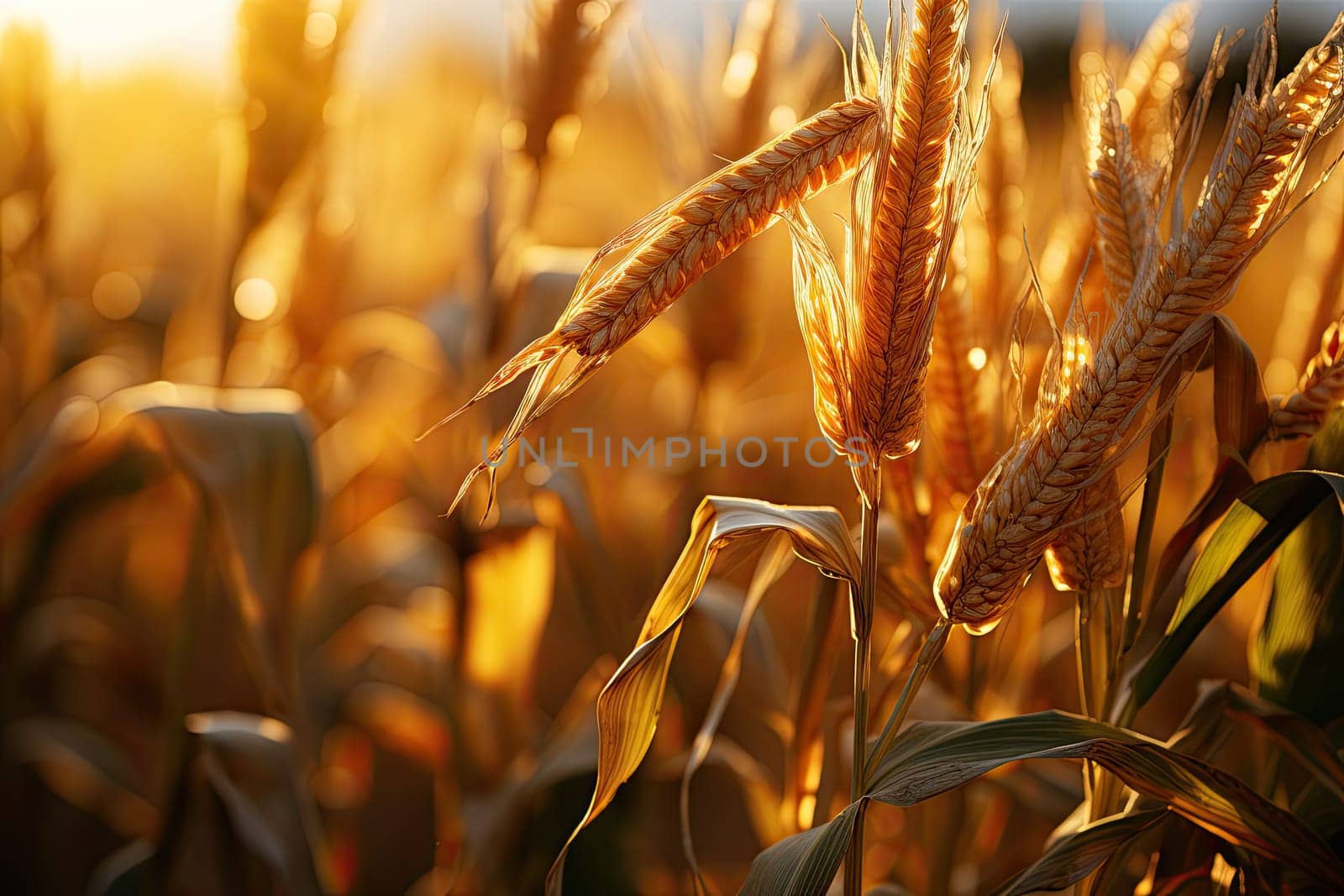 Large corn field with ripe corn cobs at sunset, agricultural landscape, Generative AI