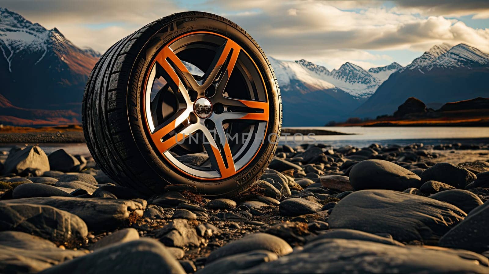Off road treaded car wheel on top of mountain with beautiful scenery, Ai by AnatoliiFoto