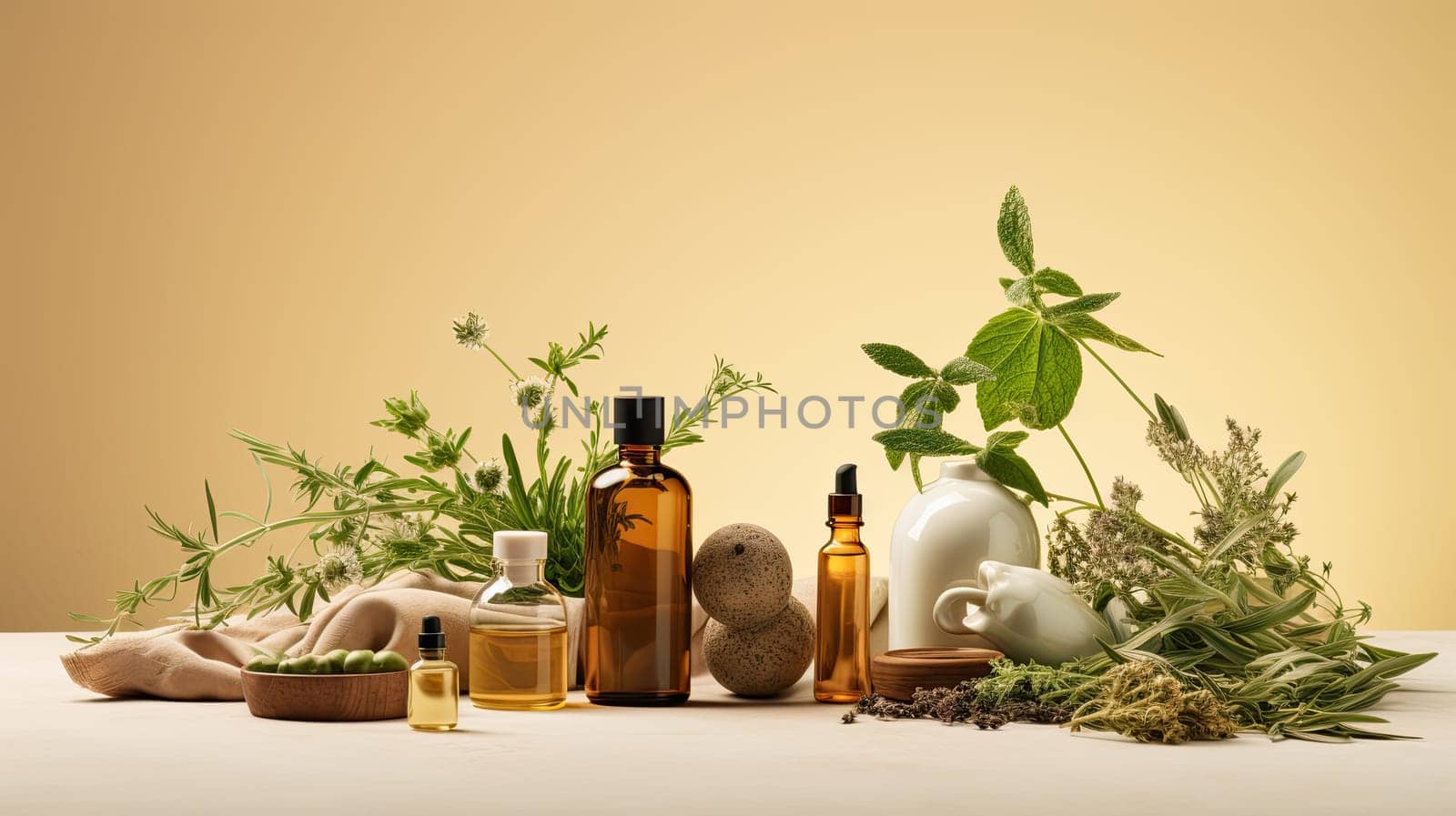 Eco-friendly, natural and nourishing hair care products with plants on the table by AnatoliiFoto