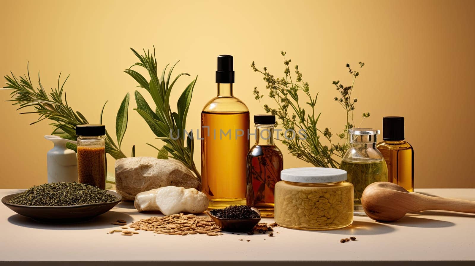 Eco-friendly, natural and nourishing hair care products with plants on the table by AnatoliiFoto