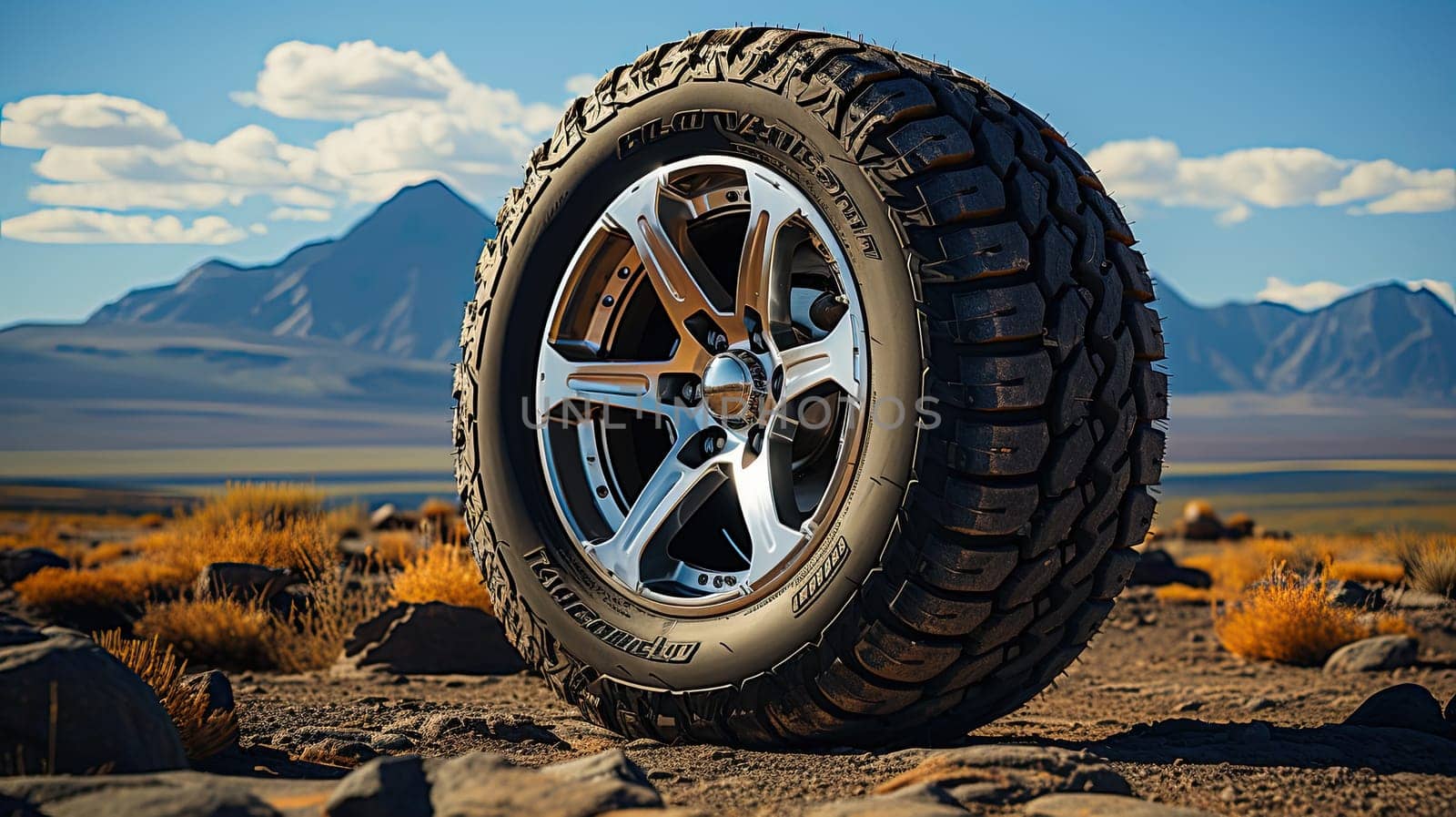 Off road treaded car wheel on top of mountain with beautiful scenery, Generate Ai