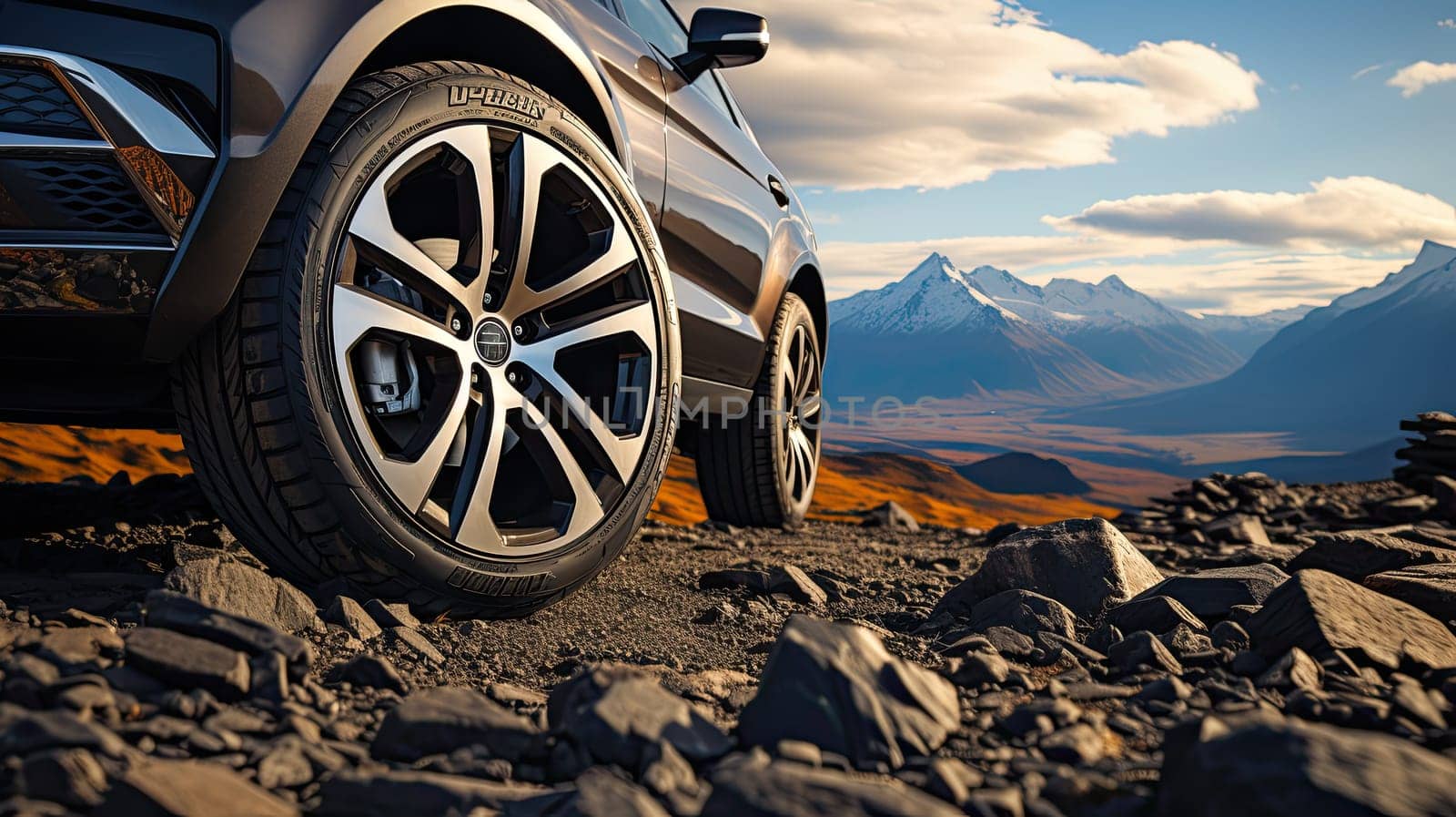 SUV car on top of mountain with beautiful scenery, closeup wheel, Generate Ai. by AnatoliiFoto