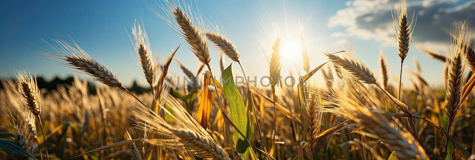 Large corn field with ripe corn cobs at sunset, agricultural landscape, AI by AnatoliiFoto