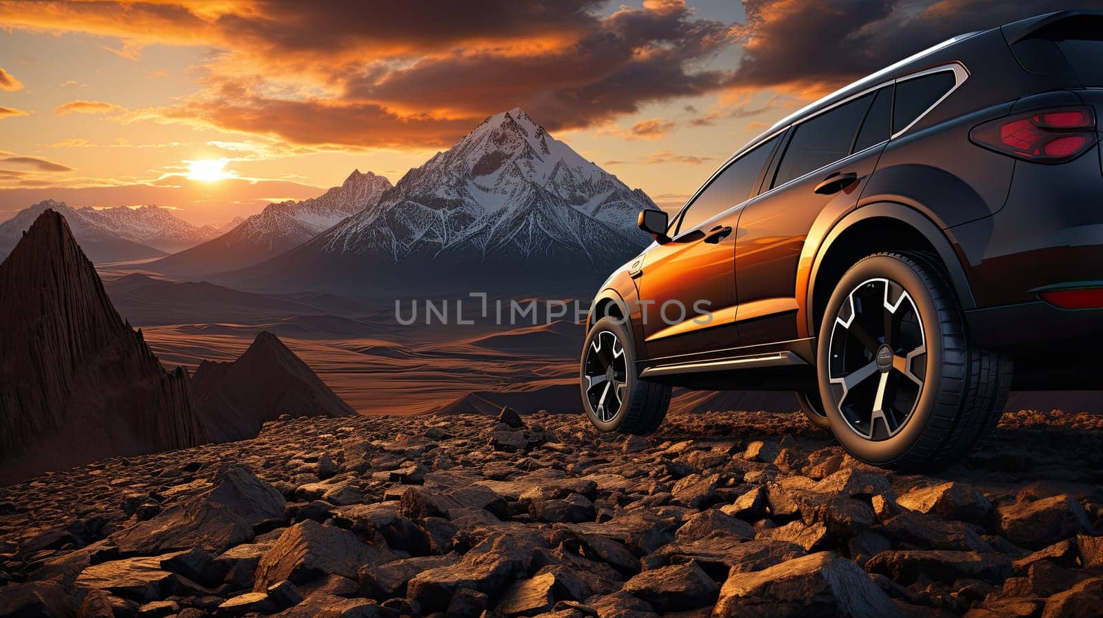 SUV car on top of mountain with beautiful scenery, closeup wheel, Generate Ai. by AnatoliiFoto
