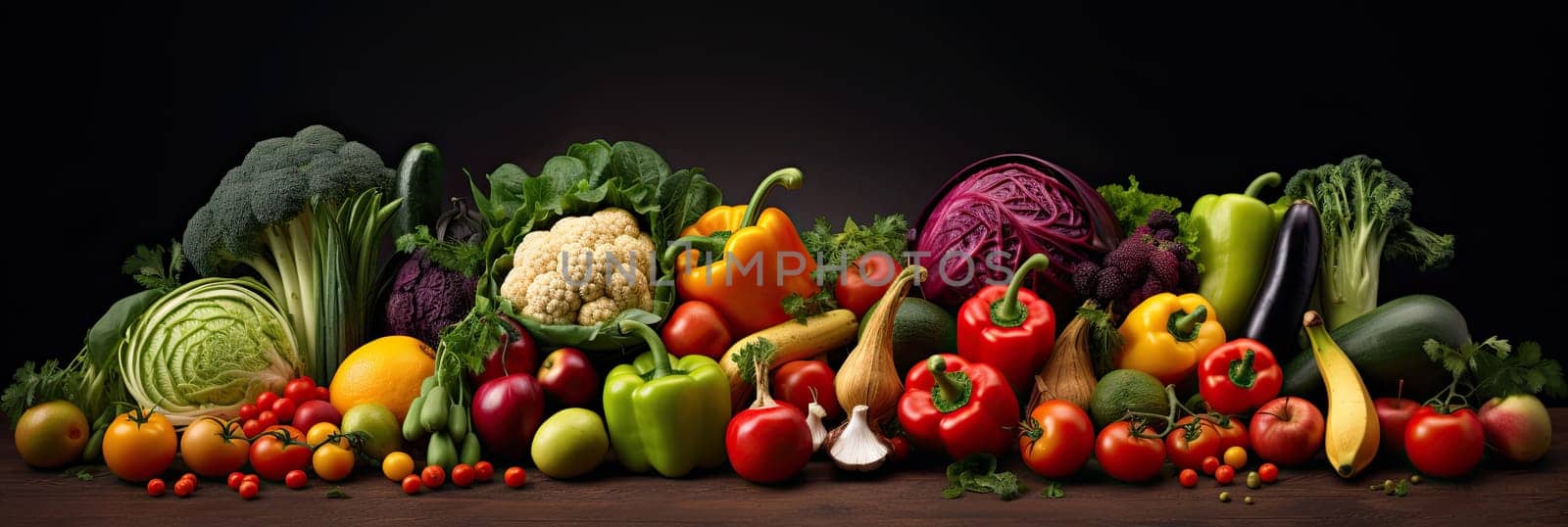 Multicolored, juicy vegetables and fruits on a table, healthy and wholesome food, Healthy Food Concept, Generative AI