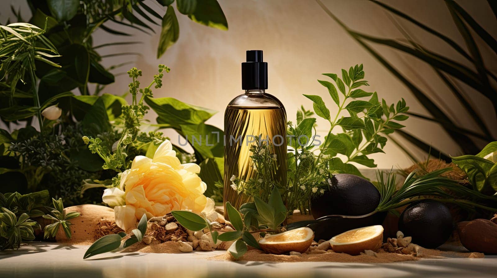 Eco-friendly, natural and nourishing hair care products with plants on the table, the concept of beautiful and healthy hair, Generate Ai
