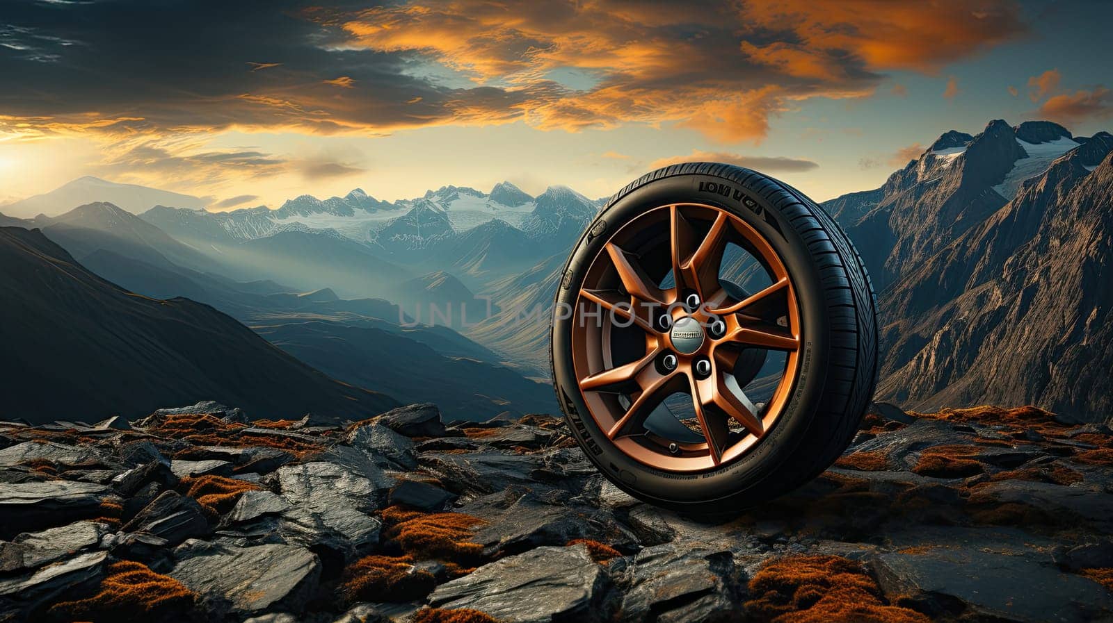 Off road treaded car wheel on top of mountain with beautiful scenery, Ai by AnatoliiFoto